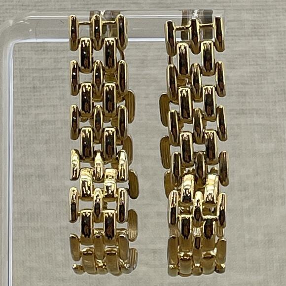 Shiny Gold Tone Chunky Link Long Dangle Loop Pierced On Earrings 1.5" - Picture 1 of 5